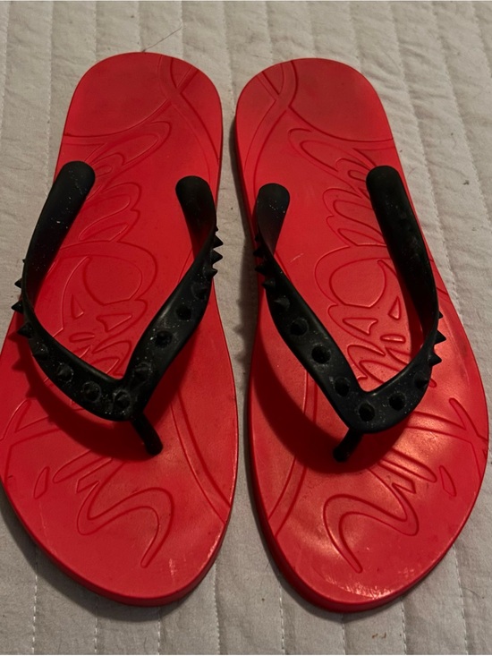 Christian Louboutin Shoes - Christian Louboutin Red and Black Studded Flip Flop Sandals